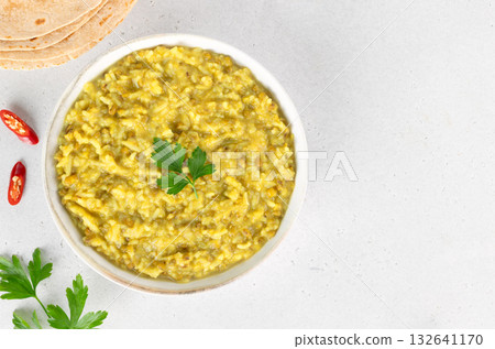Indian khichdi, kichari with rice, mung bean groats with roti on white background. Top view. Ayurveda diet. Indian food. Indian khichdi, kichari with rice, mung bean groats with roti on white background. Top view. Ayurveda diet. Indian food. 132641170
