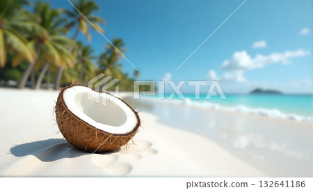 Half coconut on tropical beach with palm trees and blue ocean. 132641186