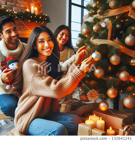 happy family decorating christmas tree together atmosphere of warmth and joy halloween season christmas time happy family decorating christmas tree together atmosphere of warmth and joy halloween season christmas time 132641241