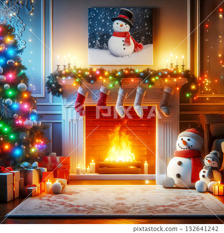 snowman with christmas gifts by the fireplace and christmas tree holiday season christmas time 132641242