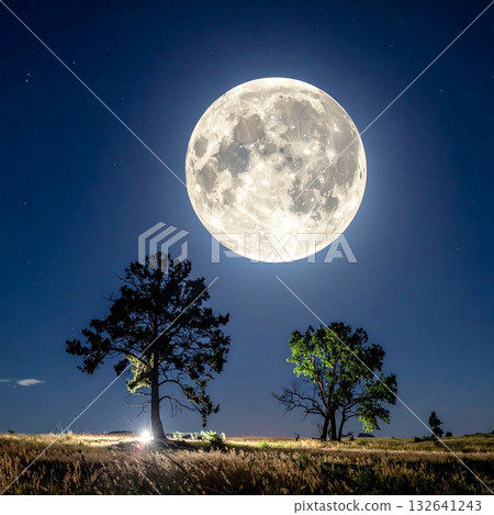 A fantastic night view of grasslands and trees illuminated by a full moon A fantastic night view of grasslands and trees illuminated by a full moon 132641243