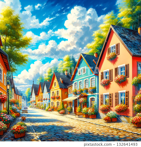 a long street of houses decorated with flowers 132641493