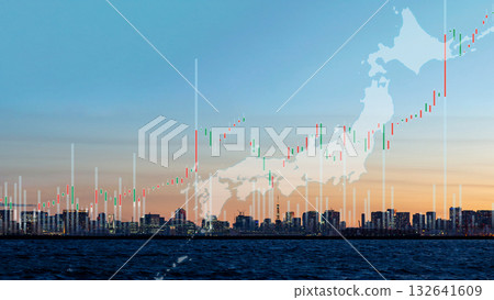 融合城市景觀與圖表,以視覺化方式展現日本的經濟成長與市場趨勢 融合城市景觀與圖表,以視覺化方式展現日本的經濟成長與市場趨勢 132641609