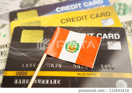 Peru flag on credit card, finance economy trading shopping online business. Peru flag on credit card, finance economy trading shopping online business. 132641618
