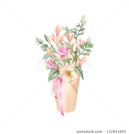 Craft paper cone with delicate flower bouquet, pink ribbon. Floral wrap pack in rustic style with roses, freesia, eucalyptus and pistachio leaves. Watercolor beautiful isolated spring Illustration 132641693