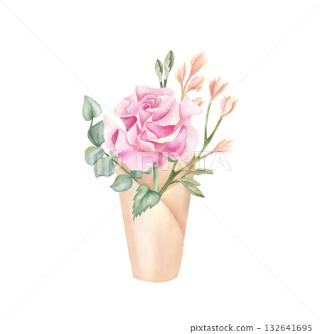 Delicate one rose bouquet in paper cone with leaf. Floral wrap pack in rustic style with pink flower, eucalyptus. Botanical floral watercolor illustration isolated from background, spring composition 132641695