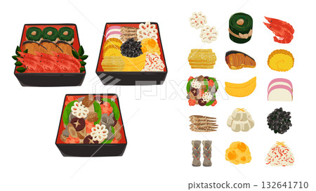一套包含三種新年菜餚的多層盒子和圖示。水彩風格手繪向量圖。 一套包含三種新年菜餚的多層盒子和圖示。水彩風格手繪向量圖。 132641710