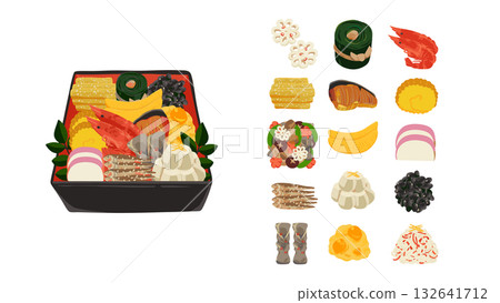Jubako New Year's food and item icon set - watercolor hand-drawn vector illustration Jubako New Year's food and item icon set - watercolor hand-drawn vector illustration 132641712