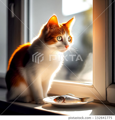 cute cat sits on windowsill near plate with fish 132641775