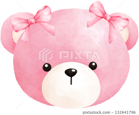 Cute Pink Teddy Bear Watercolor Illustration 132641796