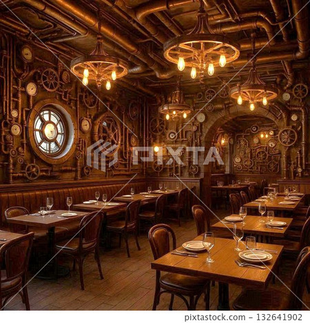 Steampunk-style restaurant interior 132641902
