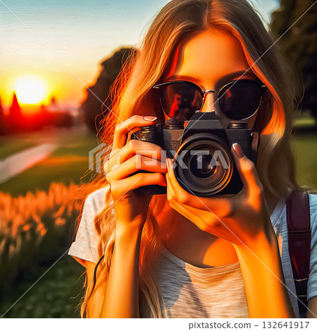 girl with a camera at the Flower City Flowerbed 132641917