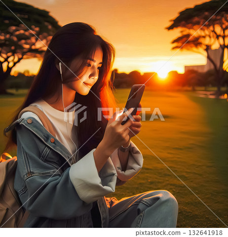 girl with phone in hands takes photo or selfie in beautiful place on sunny evening in backlight 132641918