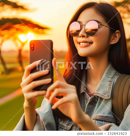 girl with phone in hands takes photo or selfie in beautiful place on sunny evening in backlight girl with phone in hands takes photo or selfie in beautiful place on sunny evening in backlight 132641923