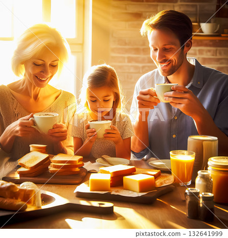 festive feast smiling children and adults at table 132641999