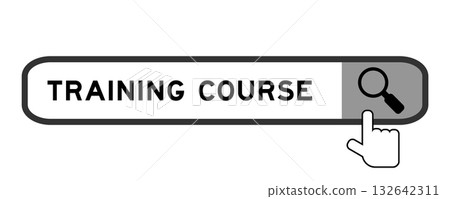 Search banner in word training course with hand over magnifier icon on white background Search banner in word training course with hand over magnifier icon on white background 132642311