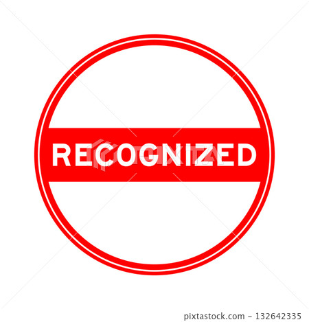 Red color round seal sticker in word recognized on white background Red color round seal sticker in word recognized on white background 132642335