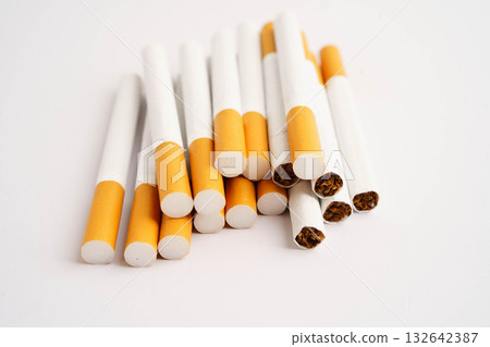 Cigarette, roll tobacco in paper with filter tube, No smoking. 132642387