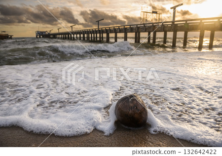 Coconut on the beach under a stormy sunset sky. 132642422