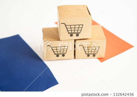 Online shopping, Shopping cart box on France flag, import export, finance commerce. Online shopping, Shopping cart box on France flag, import export, finance commerce. 132642436