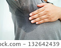 Sweaty underarms, Asian woman with sweat on clothes under armpit. 132642439