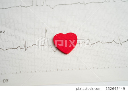 Electrocardiogram ECG, heart wave, heart attack, cardiogram report. 132642449