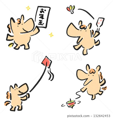 一組可愛的馬兒歡慶新年的場景：水墨畫、放風箏、壓歲錢、羽毛球、陀螺 132642453