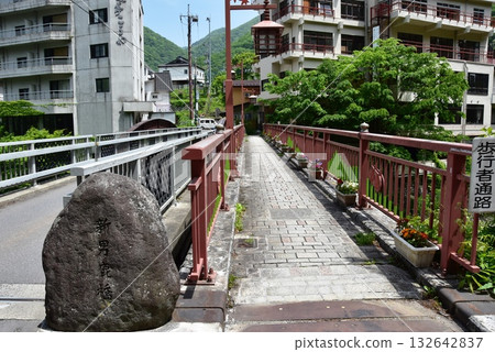 Nikko City Kawaji Onsen: Shin-Oga Bridge over the Oga River and the townscape 132642837