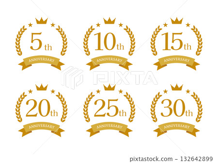 Golden anniversary logo set (5th, 10th, 15th, 20th, 25th, 30th anniversary) / crown and laurel wreath 132642899
