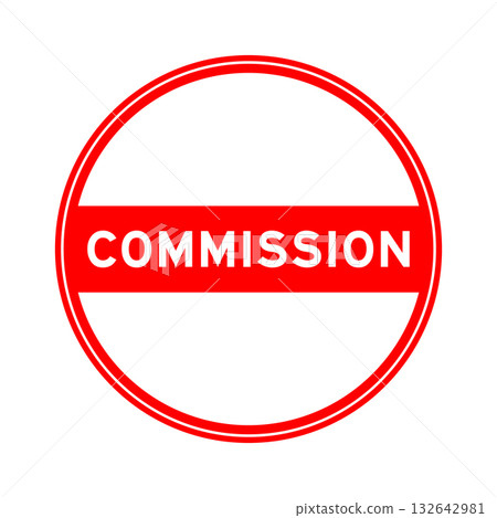 Red color round seal sticker in word commission on white background 132642981
