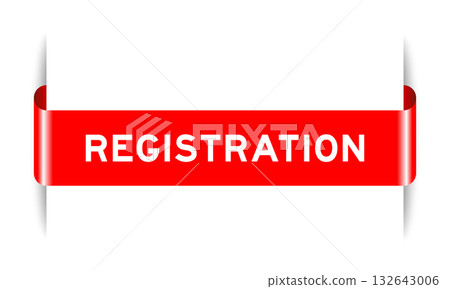 Red color inserted label banner with word registration on white background Red color inserted label banner with word registration on white background 132643006