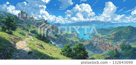 A fantasy medieval cityscape set amidst magnificent nature 132643099