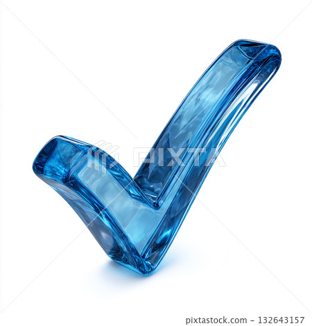 由透明藍色玻璃製成的三維立體勾號 132643157