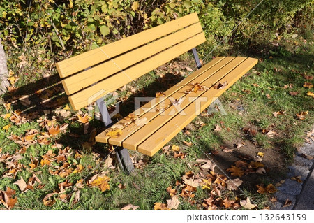 Yellow bench with black legs sits in a grassy area with leaves on the ground Yellow bench with black legs sits in a grassy area with leaves on the ground 132643159