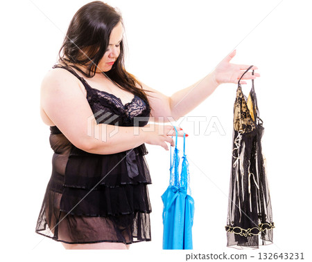 Plus size woman fitting satin nightwear 132643231