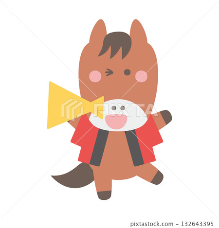 Cute horse character illustration wearing a happi coat holding a megaphone and calling out 132643395