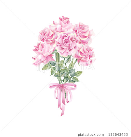 Watercolor French rose bouquet tied with pink ribbon. Spring flower with stem and leaves. Delicate floral illustration isolated from background. For wedding invitation, greeting card for women Watercolor French rose bouquet tied with pink ribbon. Spring flower with stem and leaves. Delicate floral illustration isolated from background. For wedding invitation, greeting card for women 132643433
