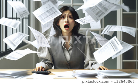 一位年輕的女員工一臉茫然，辦公室裡文件亂飛。這幅商業場景描繪了辦公室出現問題時的混亂場面。 132643865