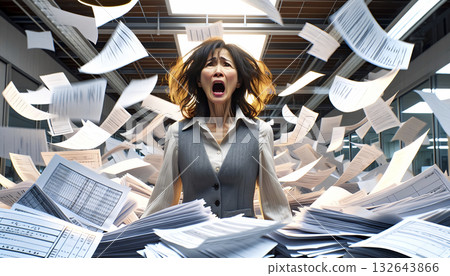 一位中年女員工對辦公室到處亂飛的文件感到困惑。 132643866