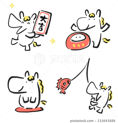 一套新年吉祥物和一匹可愛的白馬。水墨畫簽語，達摩不倒翁，鯛魚，新年祝福。 132643889