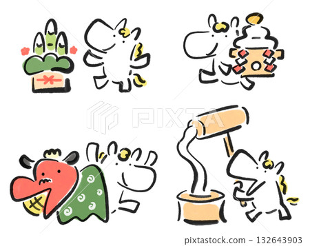 A set of New Year's lucky charms and a cute white horse: ink painting, Kadomatsu, lion dance, Kagami mochi, and mochi pounding 132643903