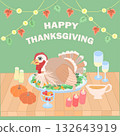 thanksgiving turkey autumn feast vector illustration with pumpkin gravy and fall leaves in flat design style 132643919