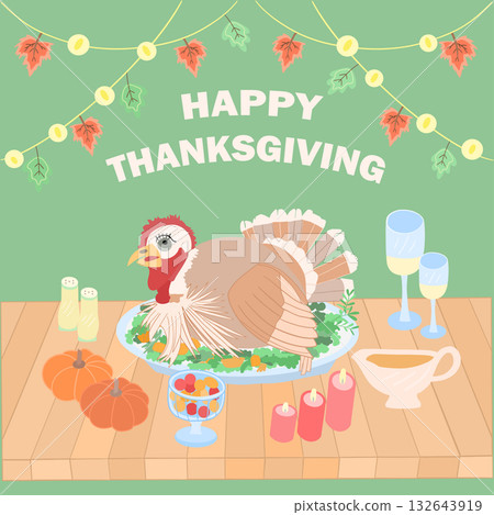 thanksgiving turkey autumn feast vector illustration with pumpkin gravy and fall leaves in flat design style 132643919