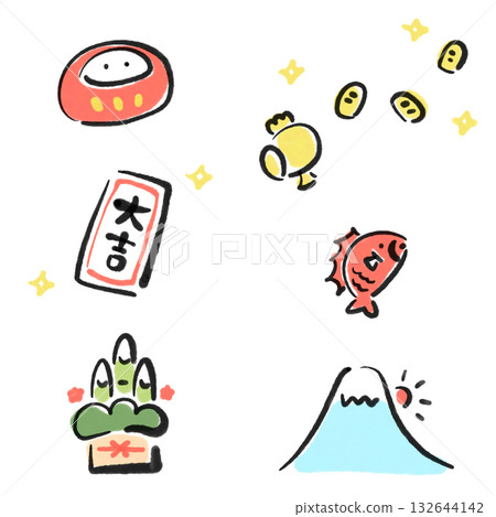 Cute ink-painted New Year's lucky charm set: Kadomatsu, Mt. Fuji, first sunrise, red snapper, and Daruma Cute ink-painted New Year's lucky charm set: Kadomatsu, Mt. Fuji, first sunrise, red snapper, and Daruma 132644142