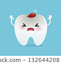 Cute cartoon tooth character with a deep bleeding cavity. Dental pain and decay vector illustration. 132644208