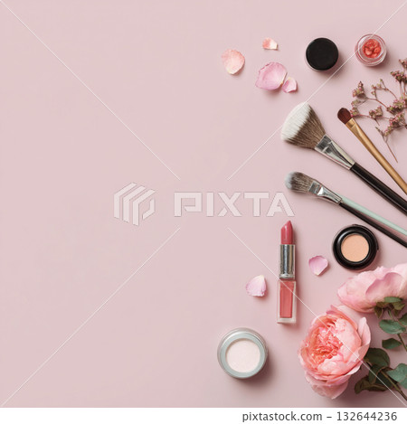 Elegant Makeup and Skincare Accessories on Soft Background with Flowers 132644236