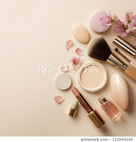 Elegant Makeup and Skincare Accessories on Soft Background with Flowers Elegant Makeup and Skincare Accessories on Soft Background with Flowers 132644284