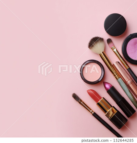 Elegant Makeup and Skincare Accessories on Soft Background with Flowers Elegant Makeup and Skincare Accessories on Soft Background with Flowers 132644285