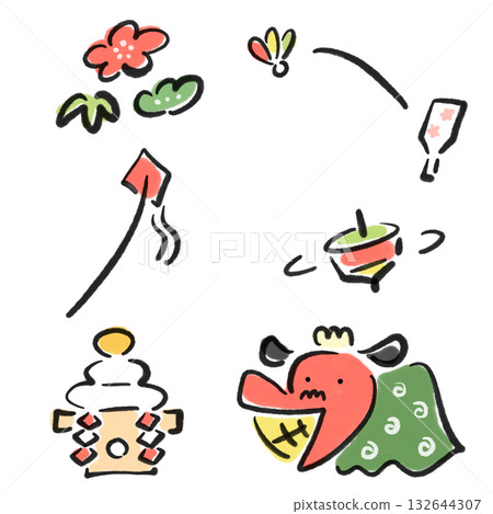 可愛的水墨新年吉祥物套裝：松樹、竹子、梅花、鏡餅、舞獅、羽毛飾品 132644307