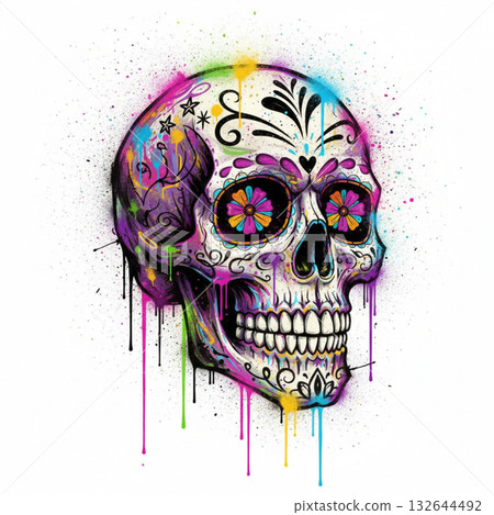 Vibrant sugar skull illustration featuring intricate patterns, bright colors, and dynamic paint splatters. This artistic design captures the festive spirit of the Mexican Day of the Dead celebration, 132644492
